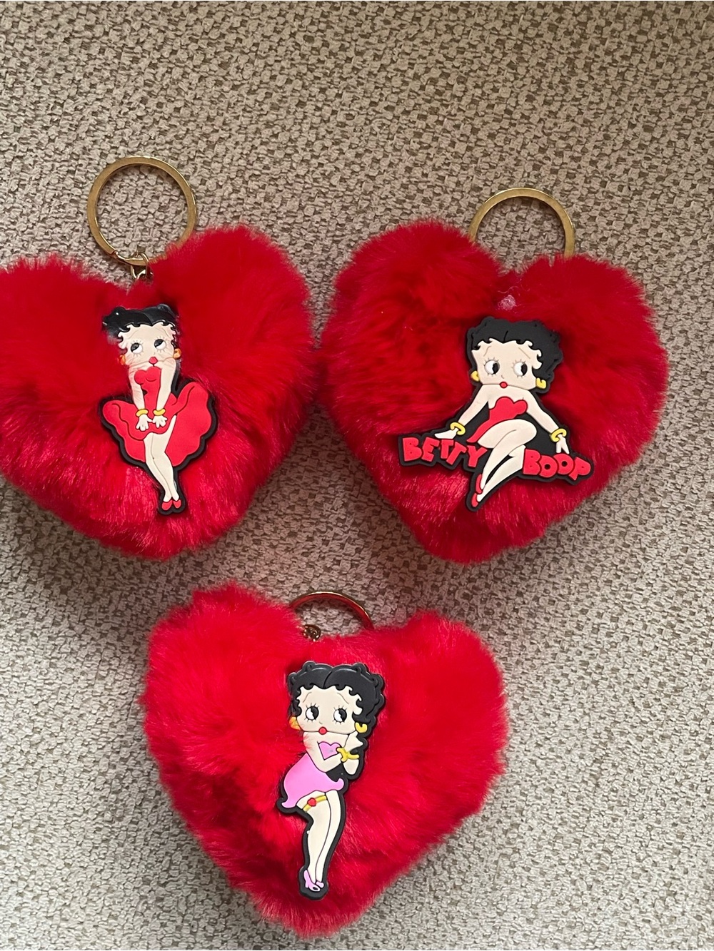 Betty Boop Red Heart Fur Keychain Set with Character Appliques